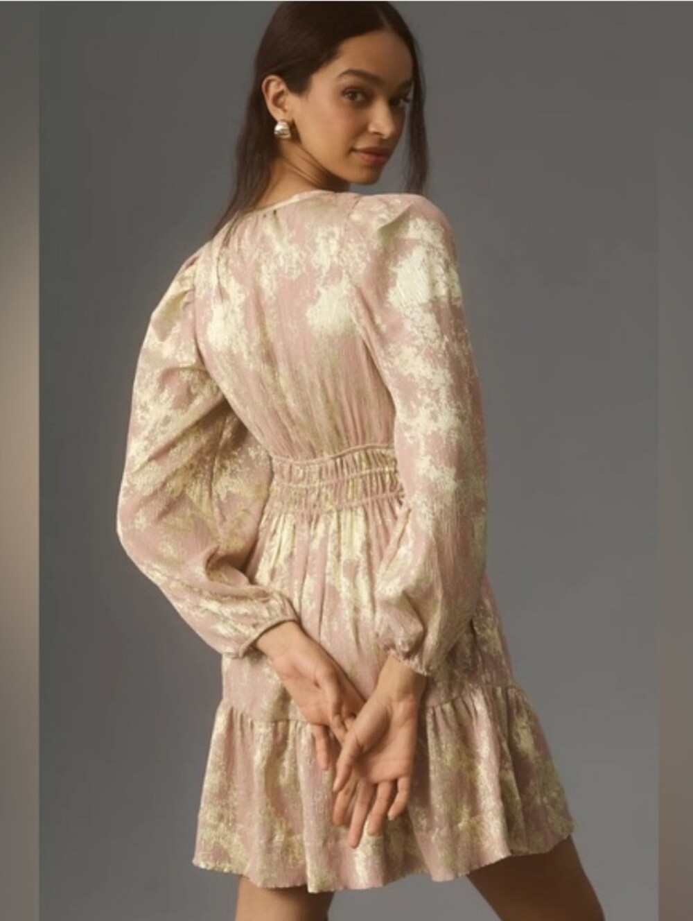 By Anthropologie Shimmery Pink Midi Dress - Gold Floral Accents - With Pockets_S - Picture 3 of 11